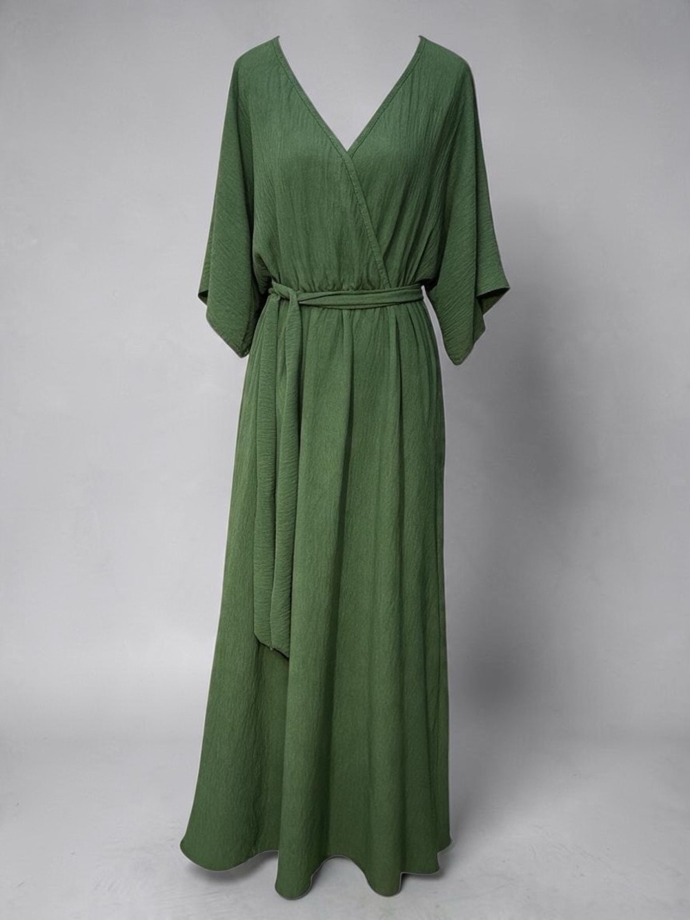 Sweet Adelyn Olive Green Kimono Maxi Dress L Gauze Faux Wrap Tie Waist Slit